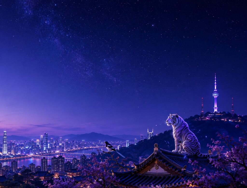 Korean night skyline with traditional hanok roof, white tiger and N Seoul Tower representing Korean dramas, K-Beauty and Korean culture